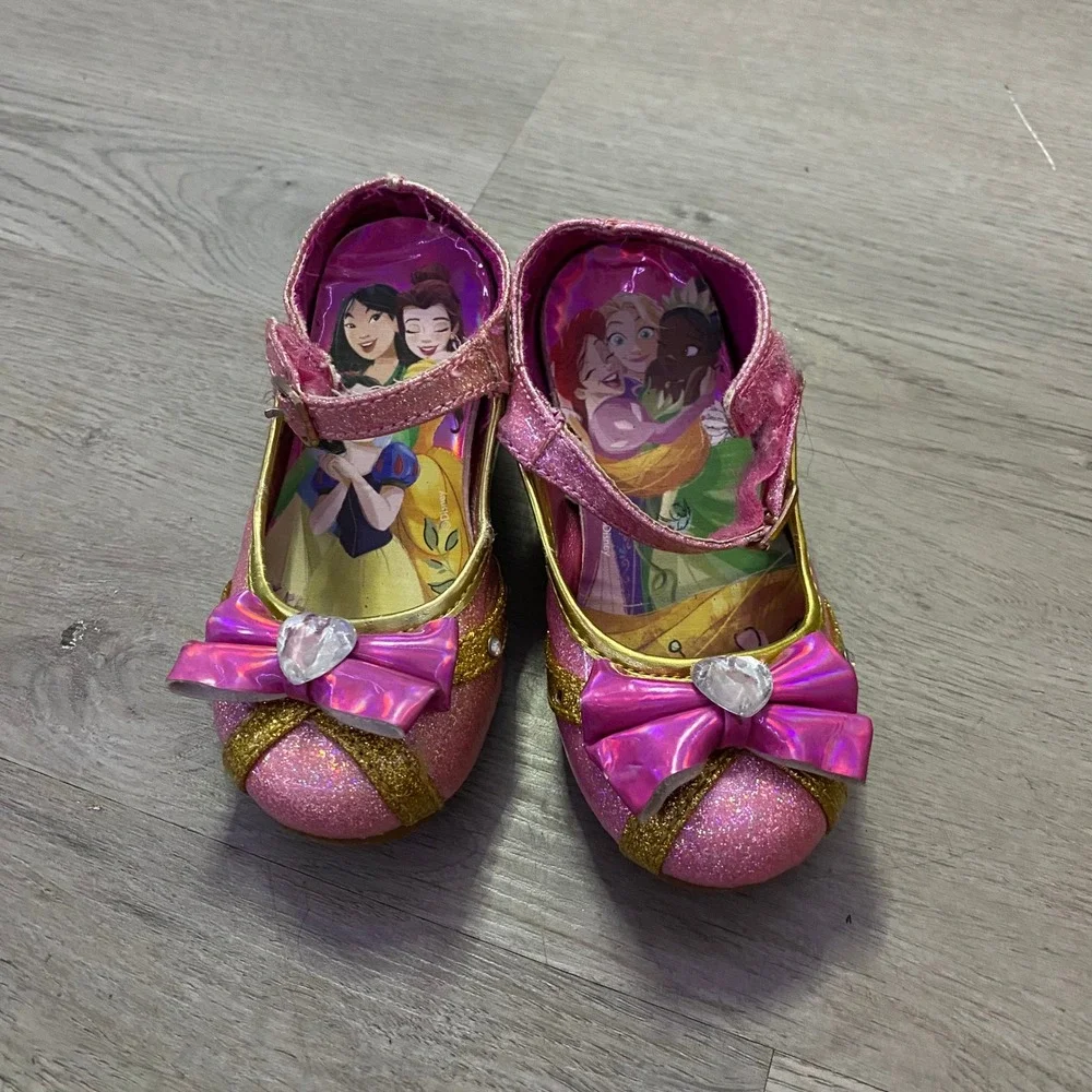 Disney Princess Mary Jane Dress Up Shoes Kids Size 8 Pink Glitter Gold Bows